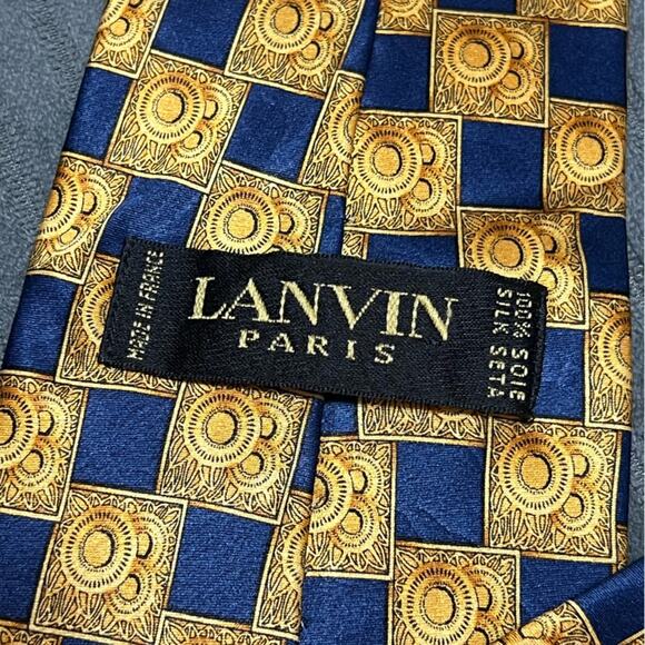 Pair of Authentic LANVIN Paris Paisley Design On Blue Gold 100% Silk Necktie Tie - Picture 10 of 11